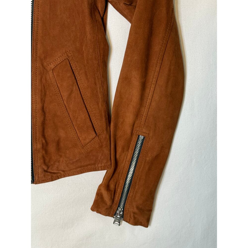 AllSaints Suede Moto Jacket Womens US 2 Brown Leather Zip Biker Coat - Picture 2 of 7
